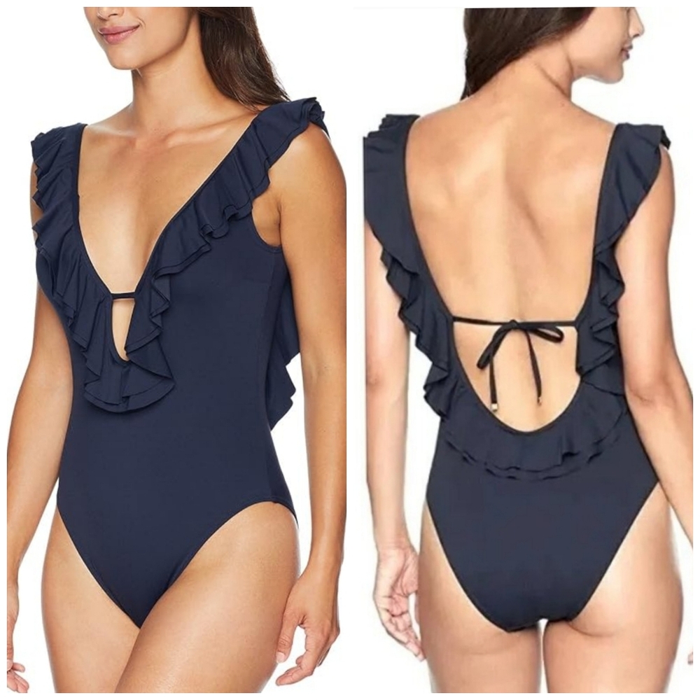 MICHAEL KORS Black Ruffle Low Back One Piece Swimsuit Size 10 Resortwear - Picture 3 of 17